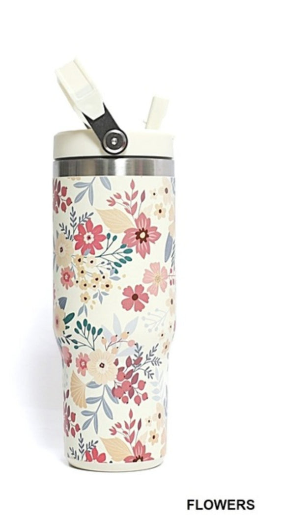 30 flower tumbler, with straw and handle